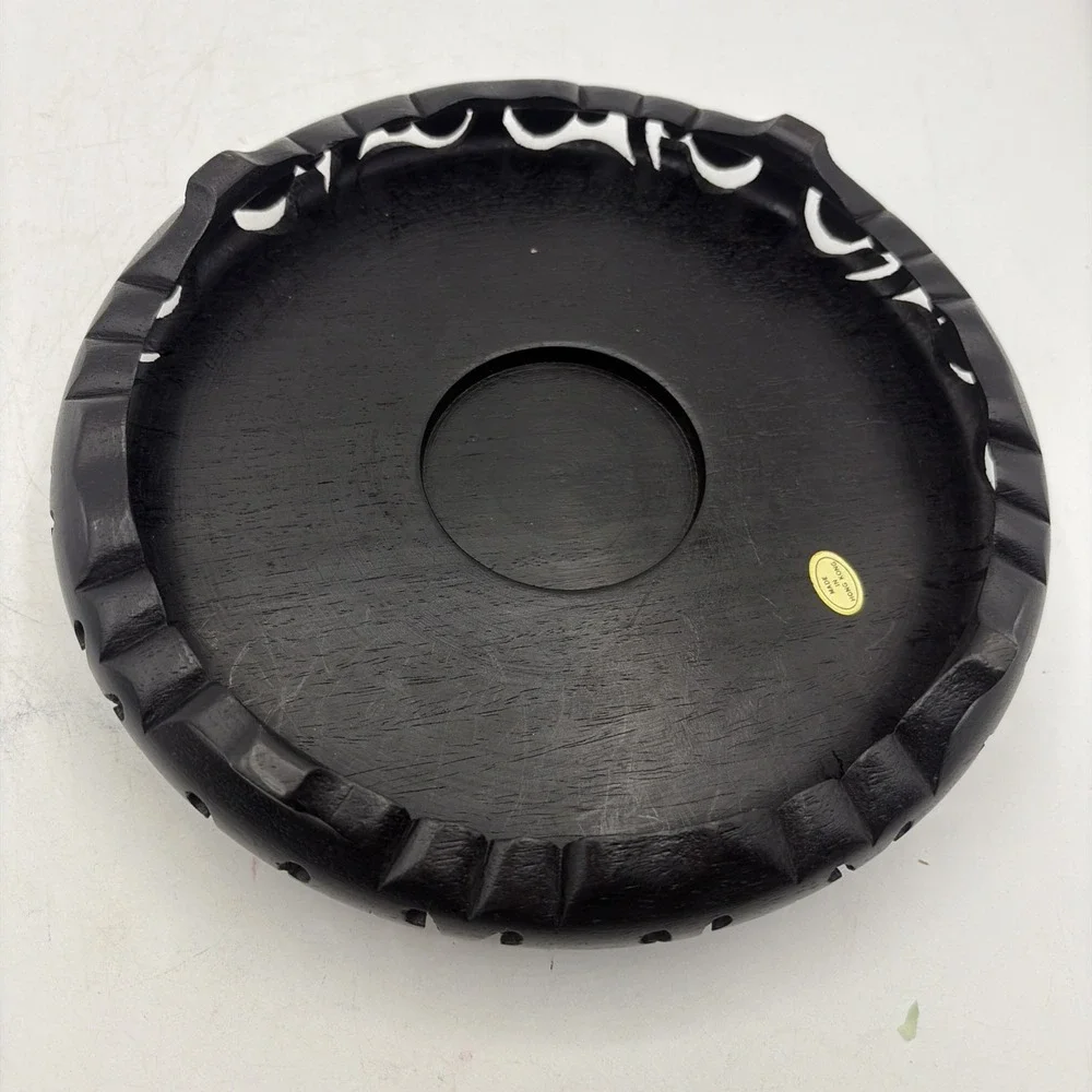 Vintage Hong Kong Black Carved Wood Pedestal Stand Display Base Bowl Vase